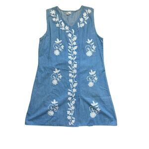 Embroidered Denim Sleeveless Dress, Floral‎ Design, Size M